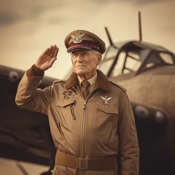 Vintage portrait of an older man in a retro military uniform saluting in front of a vintage airplane - Image 3