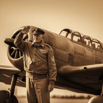 Vintage portrait of an older man in a retro military uniform saluting in front of a vintage airplane - Image 4