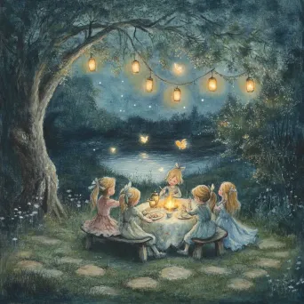 Soft pastel artwork of children and fairies sharing a moonlit picnic - Image 2