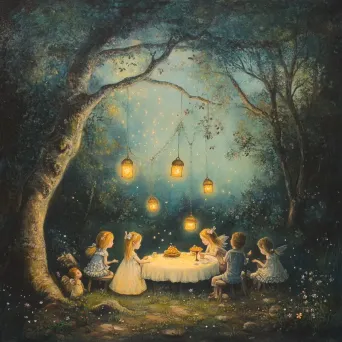 Soft pastel artwork of children and fairies sharing a moonlit picnic - Image 3