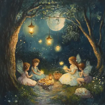 Soft pastel artwork of children and fairies sharing a moonlit picnic - Image 4