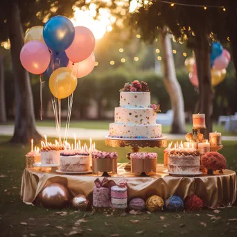 A whimsical birthday cake table adorned with balloons and party favors. - Image 3