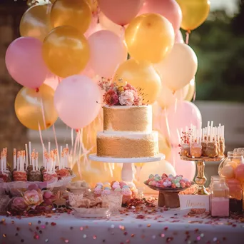 A whimsical birthday cake table adorned with balloons and party favors. - Image 4