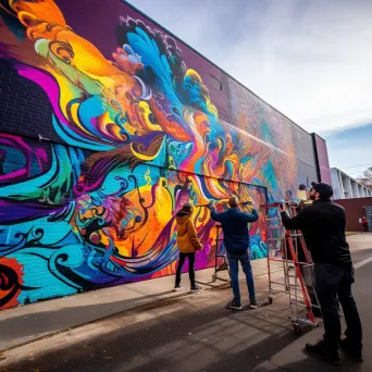 Graffiti artist painting vibrant abstract mural on brick wall - Image 1