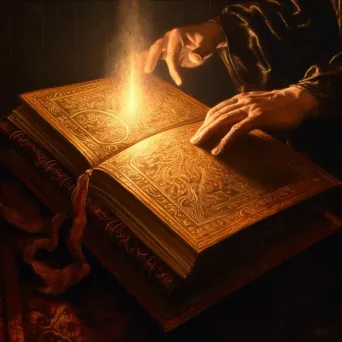 Pair of hands gently opening an old, leather-bound book with golden light emitting from the pages - Image 3