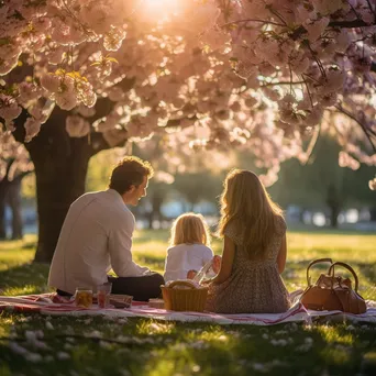 Family picnic beneath cherry blossom trees - Image 2