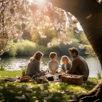 Family picnic beneath cherry blossom trees - Image 3