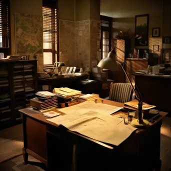 Vintage detective office in warm sepia tones with scattered case files - Image 1