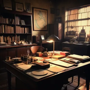 Vintage detective office in warm sepia tones with scattered case files - Image 2