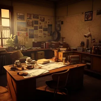 Vintage detective office in warm sepia tones with scattered case files - Image 3