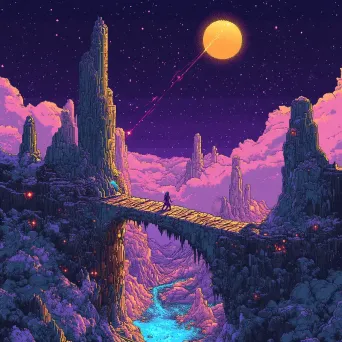 Pixel art of a mystic crossing a treacherous bridge in a celestial landscape - Image 4