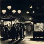 Bustling night market in an Asian city with lanterns - Image 1