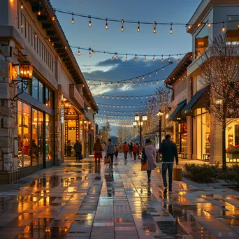 Outdoor shopping outlet decorated with twinkling lights at dusk. - Image 1