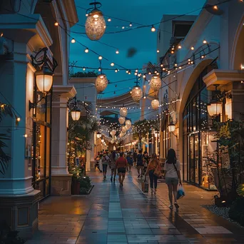 Outdoor shopping outlet decorated with twinkling lights at dusk. - Image 3