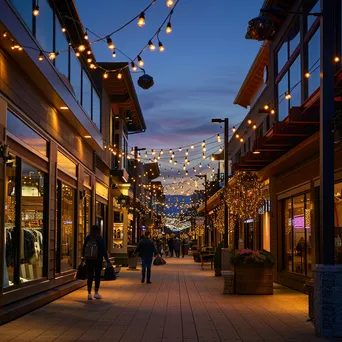 Outdoor shopping outlet decorated with twinkling lights at dusk. - Image 4