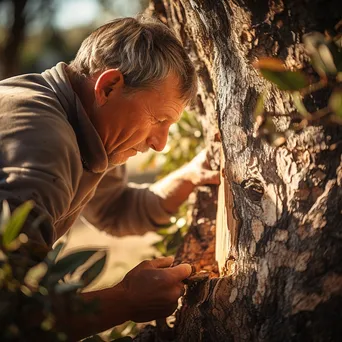 Artisan removing cork bark from a cork oak tree in sunlight - Image 2