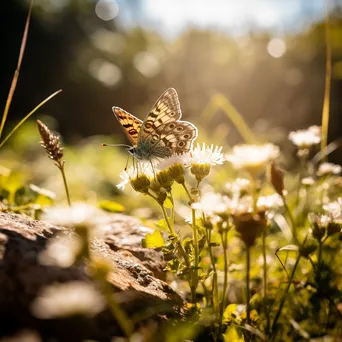 Close-up of a butterfly resting on a wildflower in an alpine meadow. - Image 1