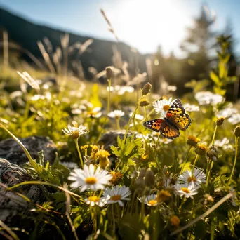 Close-up of a butterfly resting on a wildflower in an alpine meadow. - Image 4