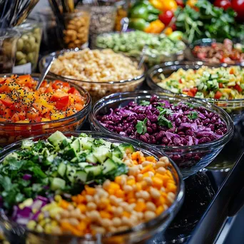 Close-up of a salad bar with fresh vegetables in glass bowls - Image 2