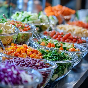 Close-up of a salad bar with fresh vegetables in glass bowls - Image 3