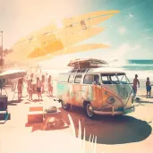 1960s beach scene with surfboards and VW van - Image 2