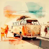 1960s beach scene with surfboards and VW van - Image 3