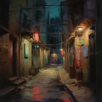 Dimly lit alleyway with a single bright neon sign - Image 1