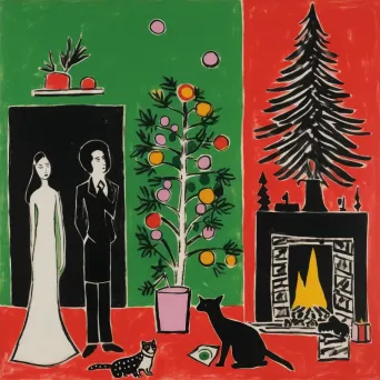 Classic Christmas scene with decorated tree, presents, and fireplace - Image 4