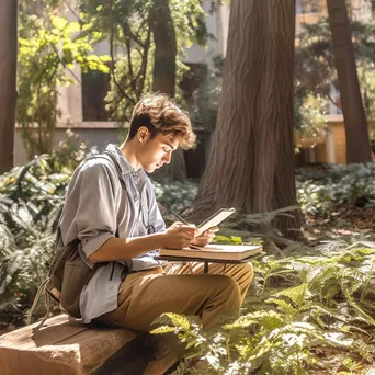 Student studying outside with a smartphone and notebook. - Image 4