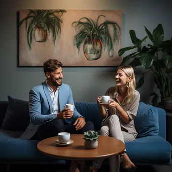 Two colleagues sharing laughter over coffee in a cozy breakout area - Image 1