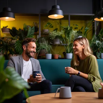 Two colleagues sharing laughter over coffee in a cozy breakout area - Image 4