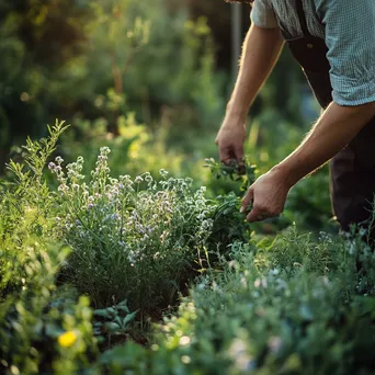 Gardener tending to traditional herb patch filled with plants - Image 2