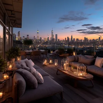 Rooftop lounge space with city skyline at dusk - Image 2