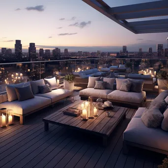 Rooftop lounge space with city skyline at dusk - Image 3