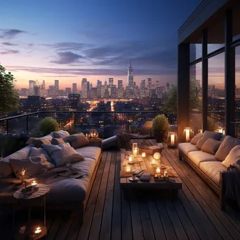 Rooftop lounge space with city skyline at dusk - Image 4