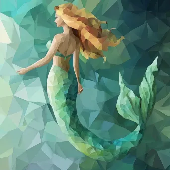 Low poly depiction of a mermaid enchanting sailors with her song in soothing sea hues - Image 1