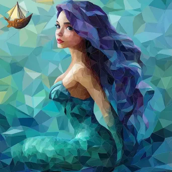 Low poly depiction of a mermaid enchanting sailors with her song in soothing sea hues - Image 4