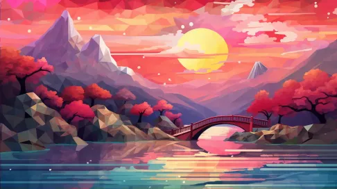 Sunset over the Great Wall of China in a low poly Cubist style - Image 2