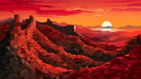 Sunset over the Great Wall of China in a low poly Cubist style - Image 4