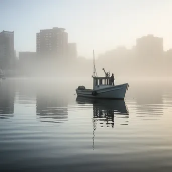 Solitary boat in a foggy harbor - Image 1