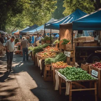 Morning farmers market with vendors setting up stalls with fresh produce - Image 3