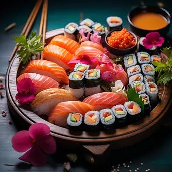 Artistic sushi platter with rolls and sashimi on serving tray - Image 1