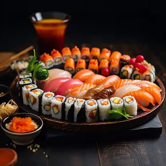 Artistic sushi platter with rolls and sashimi on serving tray - Image 3