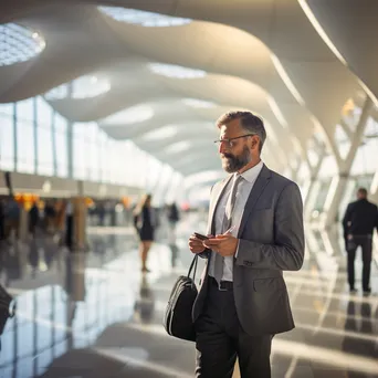 Executive in a modern airport terminal adjusting tie. - Image 3