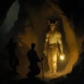 Image showing ancient cave paintings of mythical creatures in torchlight - Image 1