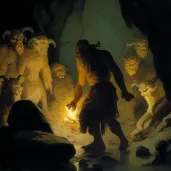 Image showing ancient cave paintings of mythical creatures in torchlight - Image 3