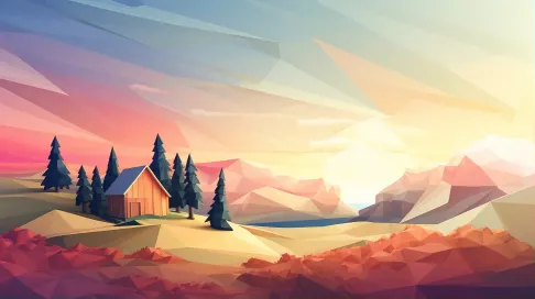 Springtime highland cabin in soft color gradient low poly style - Image 1