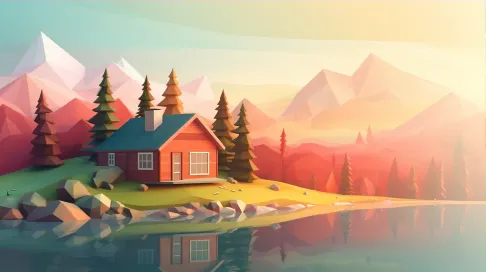 Springtime highland cabin in soft color gradient low poly style - Image 3