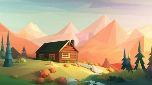 Springtime highland cabin in soft color gradient low poly style - Image 4