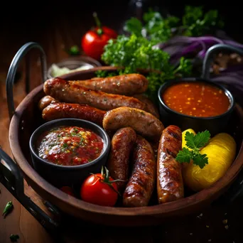 Bucket of assorted grilled sausages with colorful sauces - Image 2